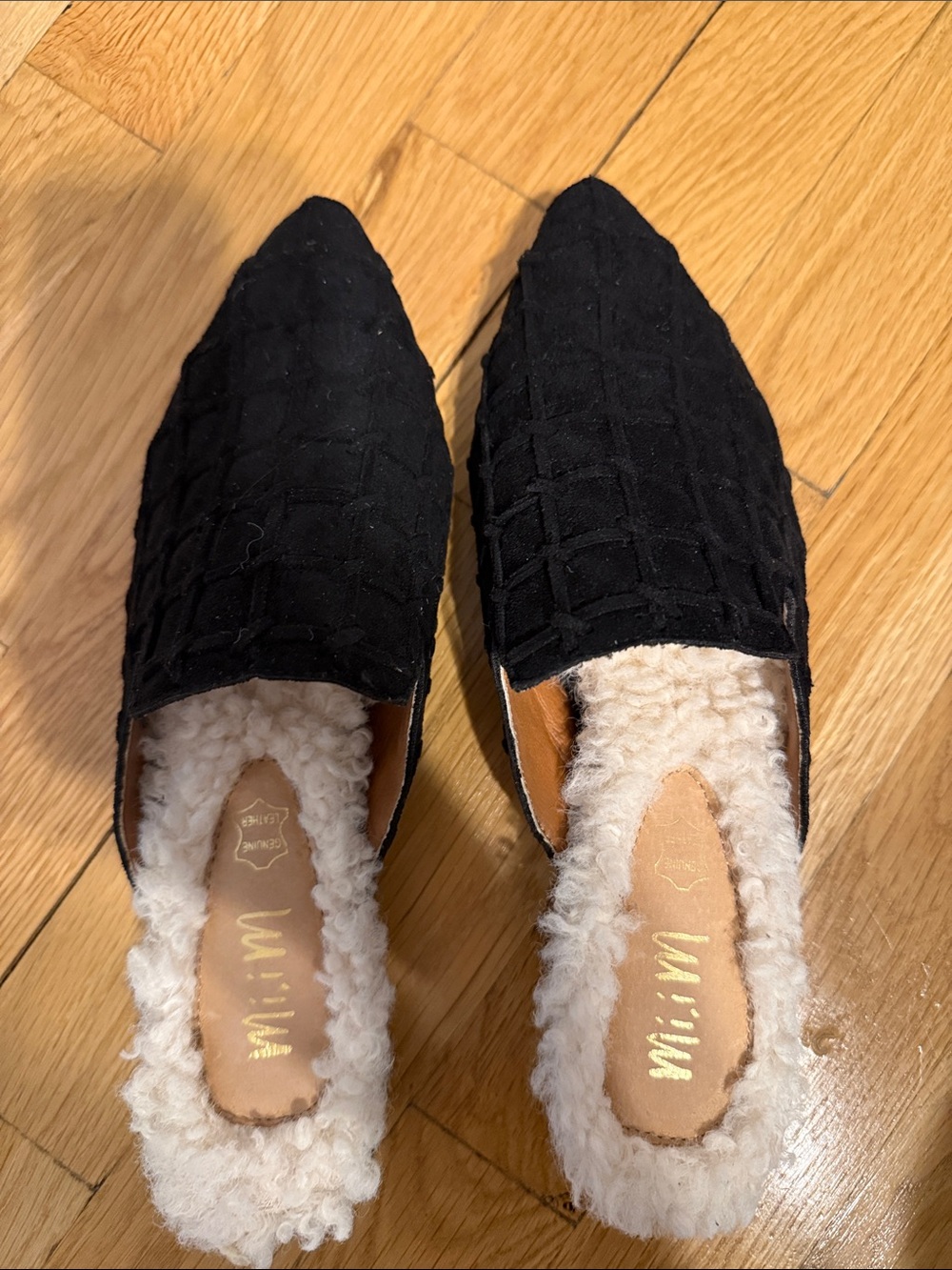 Quilted Black Faux-Shearling Slip-On Mules